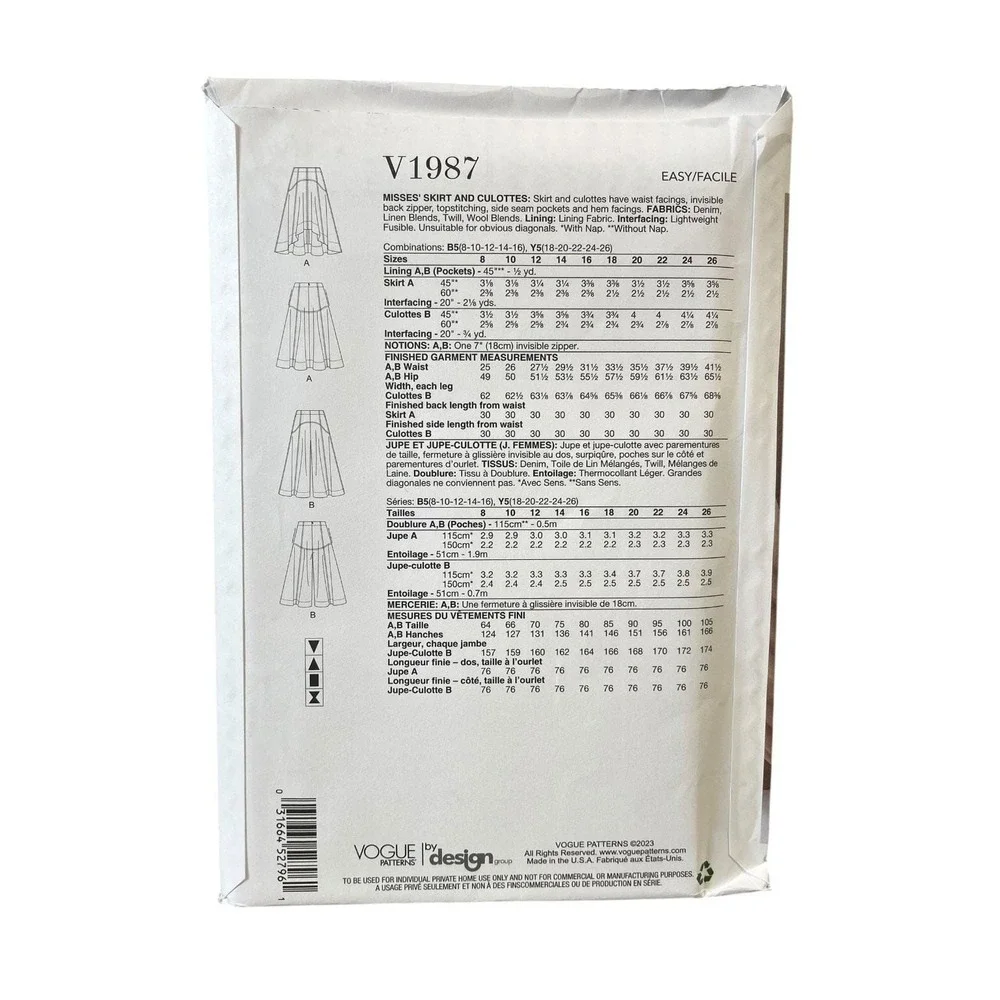 VOGUE V1987 Misses Skirt B5 (8-10-12-14-16) Asymmetrical Hem A-Line‎